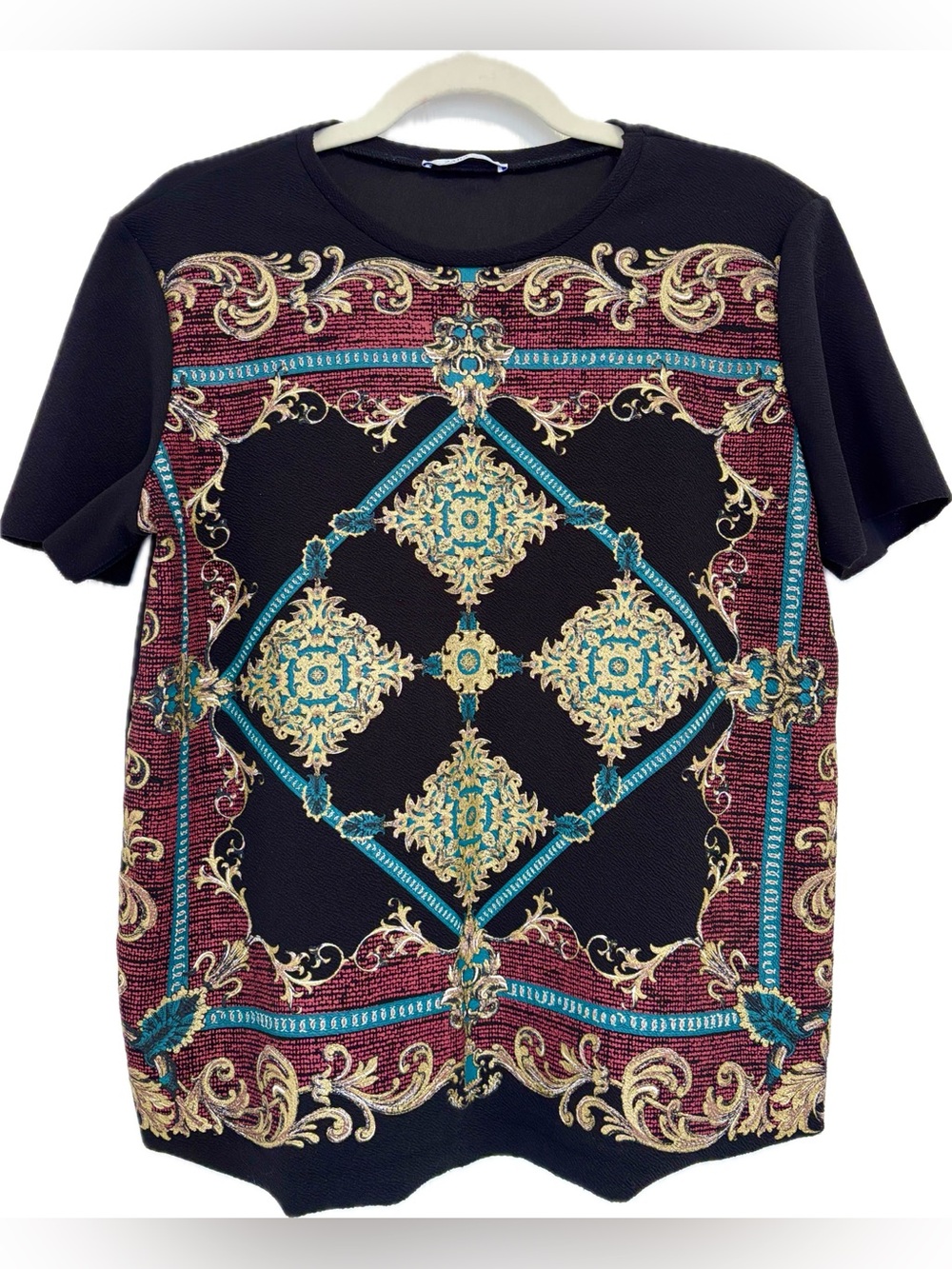 Zara Black Short-Sleeve Top with Gold, Teal & Burgundy Baroque Print
